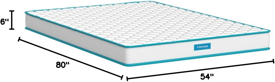 NEW - Linenspa 6 Inch Full XL Size Mattress - Firm Feel - Bonnell Spring with Foam Layer - Mattress in a Box - Youth or Kids Bed - Guest Bedroom - Durable and Breathable Support - Affordable - Full XL Size- White - Retail $179