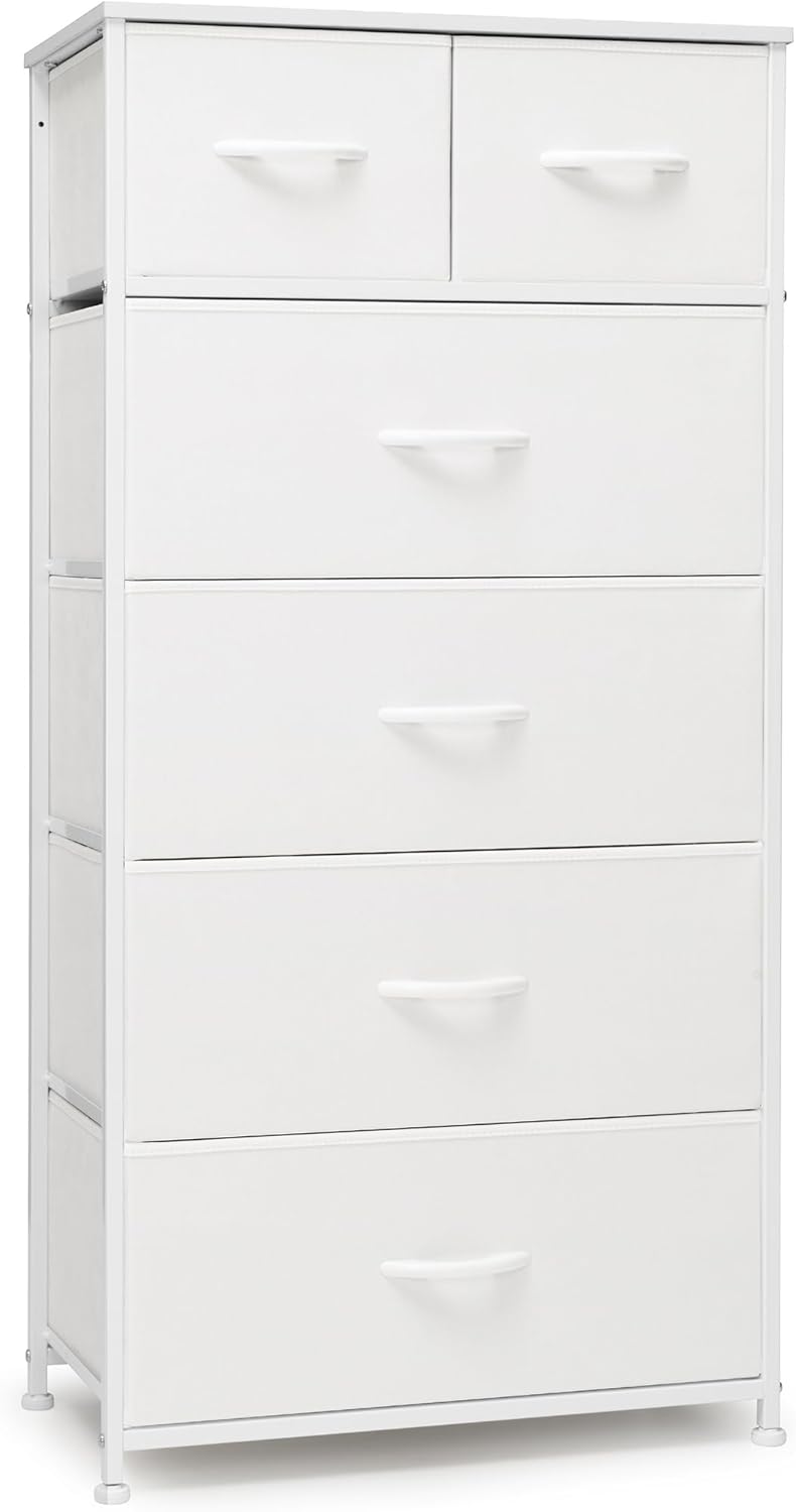 Crestlive Products Tall Dresser for Bedroom Vertical Skinny Dresser - Sturdy Steel Frame, Wood Top, Easy Pull Fabric Bins- Organizer Unit for Bedroom, Entryway, Closets - 6 Drawers (White)