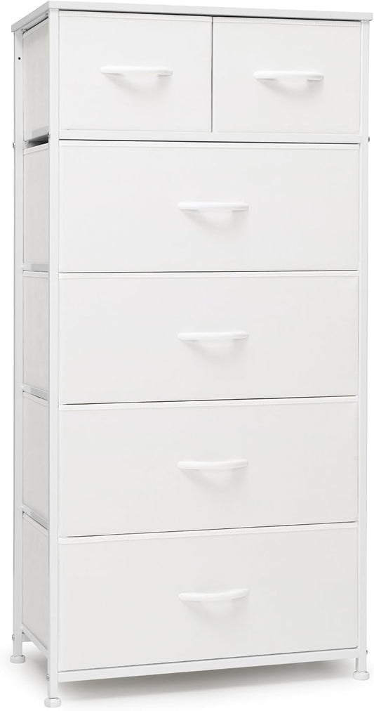 Crestlive Products Tall Dresser for Bedroom Vertical Skinny Dresser - Sturdy Steel Frame, Wood Top, Easy Pull Fabric Bins- Organizer Unit for Bedroom, Entryway, Closets - 6 Drawers (White)
