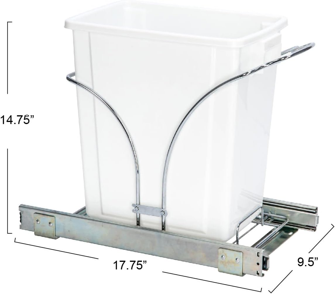 NEW - Household Essentials Glidez Chrome-Plated Steel Pull-Out/Slide-Out Discreet Single 5 Gallon Plastic Trash Can for Under Cabinet Use - Fits Standard Size Cabinet, Chrome and White - Retail $53