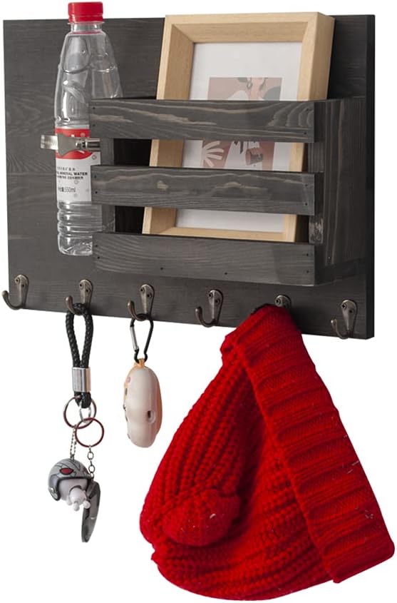 NEW - Coral Flower intage Grey Wood Wall Mounted Mail Holder with 6 Key Hooks & Mason Jar - Retail $34