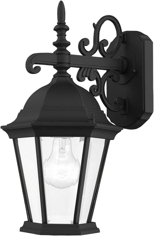 NEW - Livex Lighting 7555-04 Hamilton Light Black Cast Aluminum Outdoor Wall Lantern with Clear Beveled Glass, 8" x 9" x 20" - Retail $61