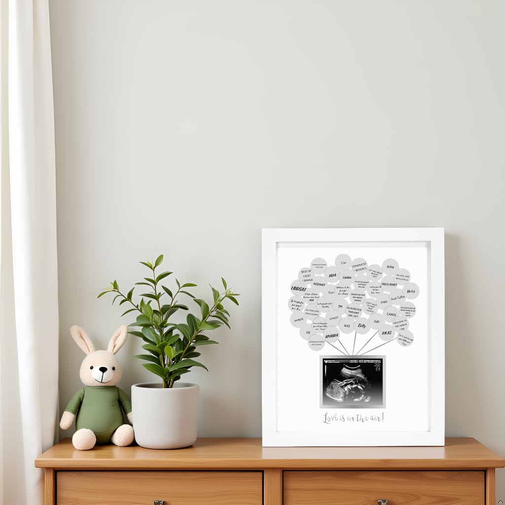 Pearhead Baby Shower Signature Guest Book & Sonogram Keepsake Picture Frame with 50 Balloon Stickers, Alternative Guestbook Idea, 5” x 4” Photo Insert, White