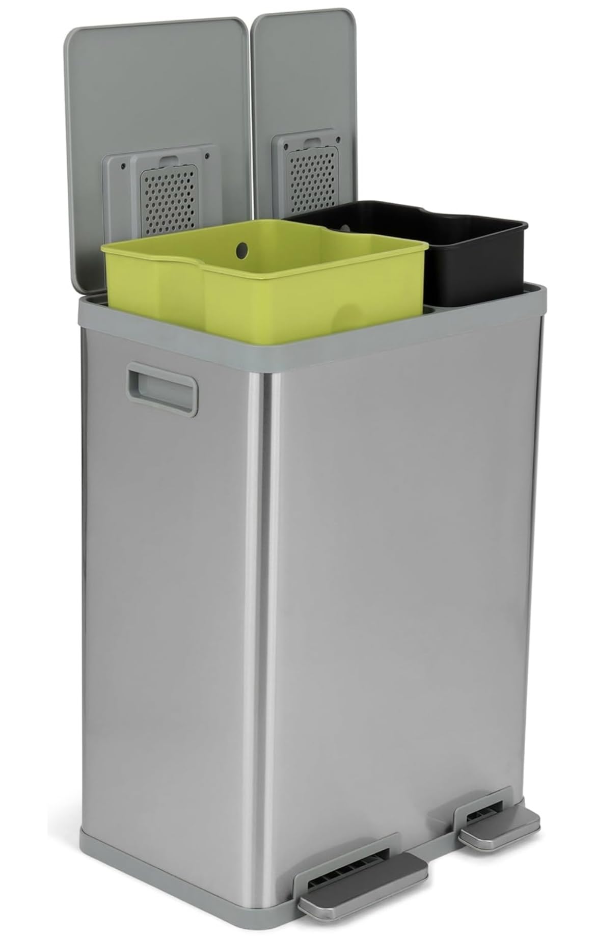 Simpli-Magic 60 Liter / 16 Gallon Rectangular Hands-Free Dual Compartment Recycling Kitchen Step Trash Can with Soft-Close Lid, Brushed Stainless Steel (38L x 22L Capacity)