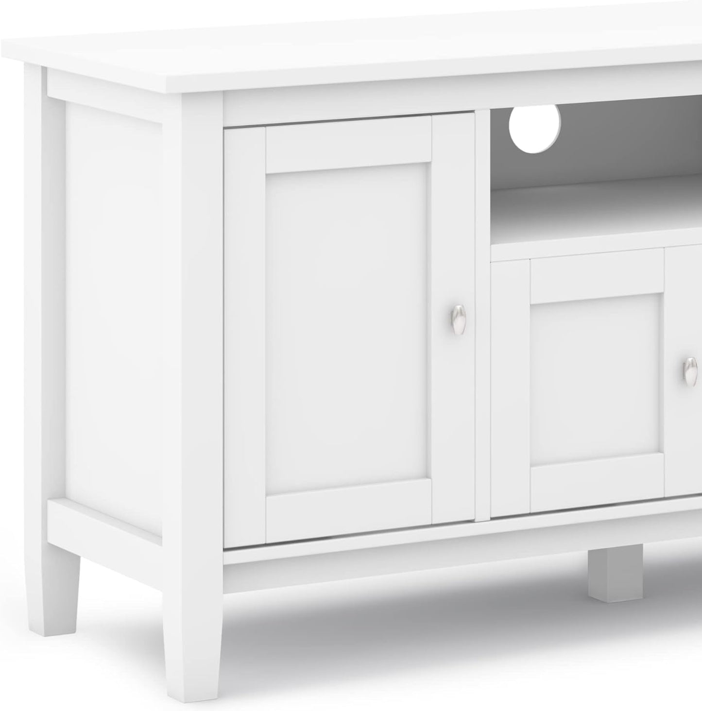 NEW - SIMPLIHOME Warm Shaker SOLID WOOD Universal TV Media Stand, 72 inch Wide, Farmhouse Rustic, Living Room Entertainment Center, Storage Shelves and Cabinets, for Flat Screen TVs up to 80 inches in White - Retail $539
