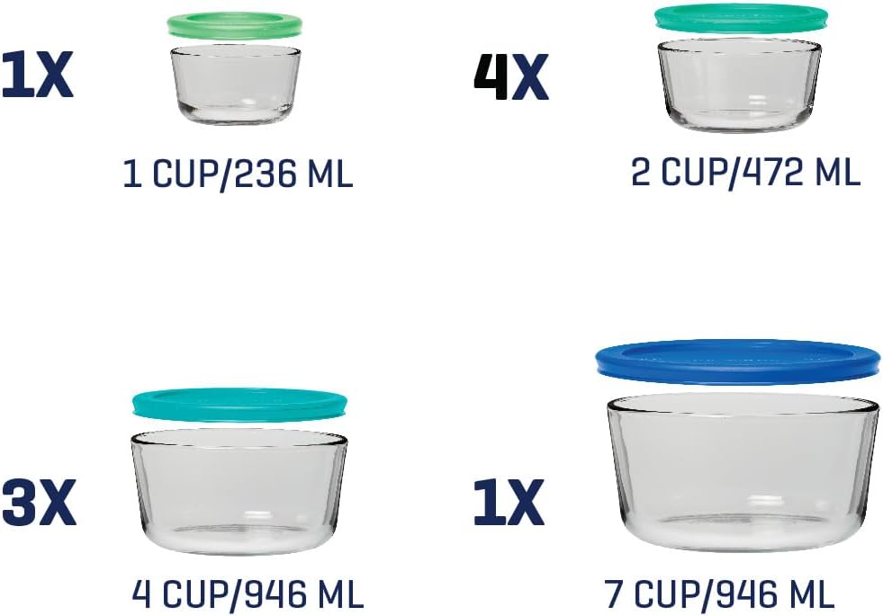 Anchor Hocking 18 Piece Glass Storage Containers with Lids (9 Glass Food Storage Containers & 9 Mixed Blue SnugFit Lids)