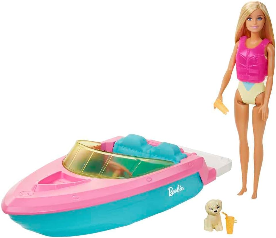 Barbie Doll & Toy Boat Playset with Pet Puppy, Life Vest & Beverage Accessories, Fits 3 Dolls & Floats in Water