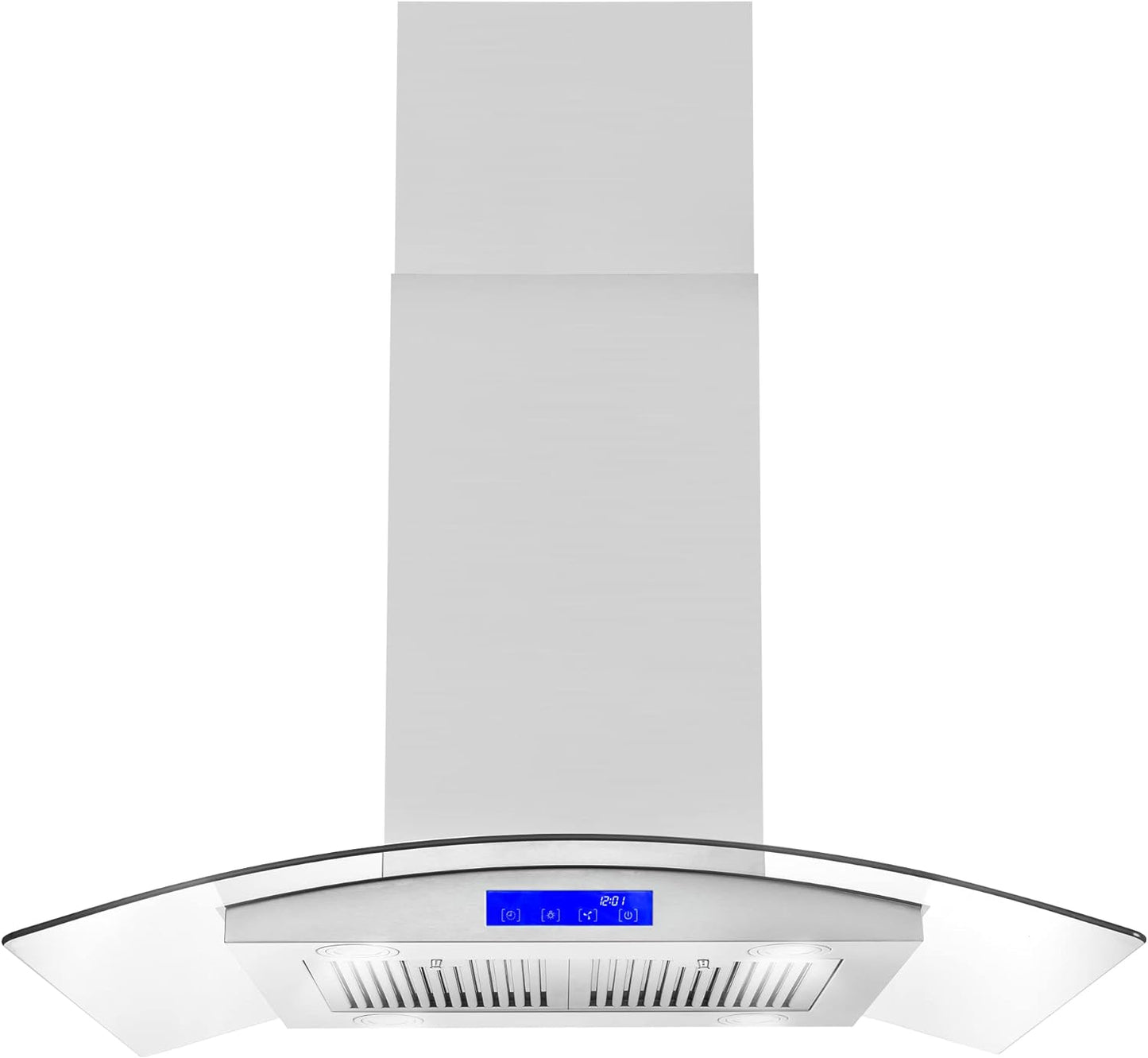 NEW w/ dmg - COSMO 668ICS900 36 in. Island Range Hood with 380 CFM, 3 Speeds, Ducted, Permanent Filters, Soft Touch Controls, LED Lights, Curved Glass Hood in Stainless Steel - Retail $359