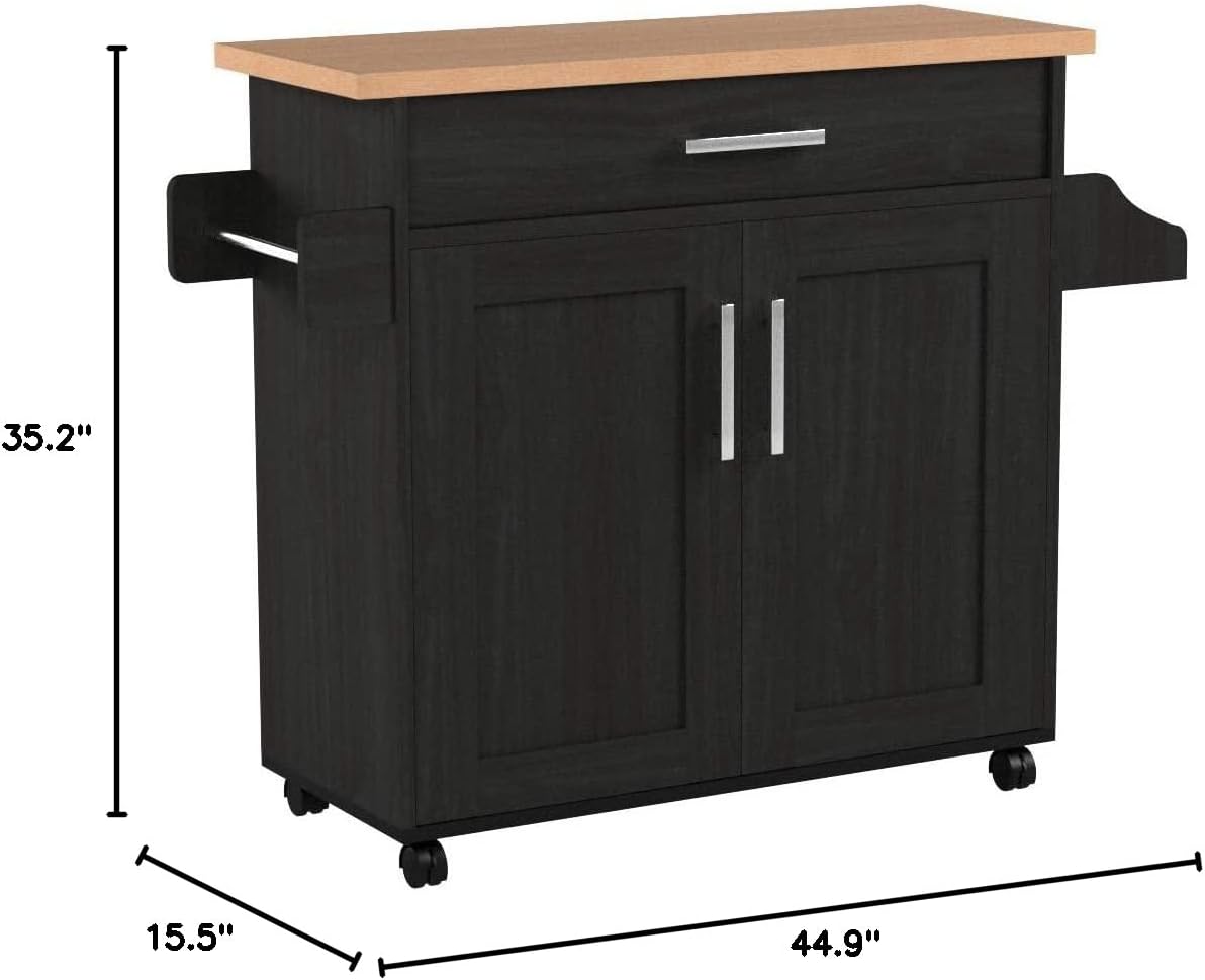 Hodedah Kitchen Island with Spice Rack, Towel Rack & Drawer, Black with Beech Top - Retail $95