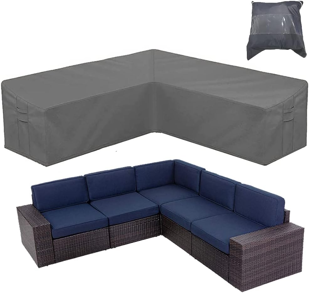 Patio Furniture Sectional Couch Sofa Cover Gray Weatherproof Heavy Duty 420D Oxford Outdoor V Shaped Sectional Garden Rattan Corner Sofa Furniture Protector Covers (V-Shape: 84x84in)