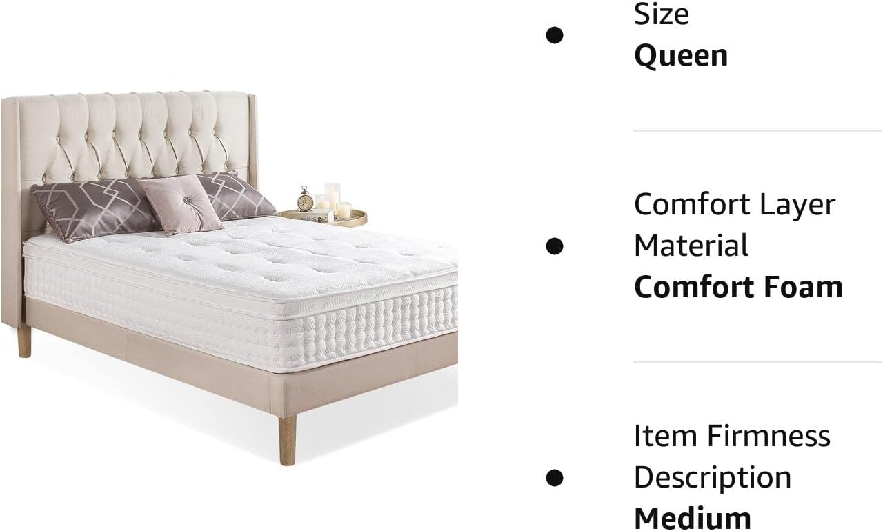 NEW - ZINUS QUEEN 12 Inch Euro Top Pocket Spring Hybrid Mattress, Pressure Relief, Pocket Innersprings for Motion Isolation - Retail $385