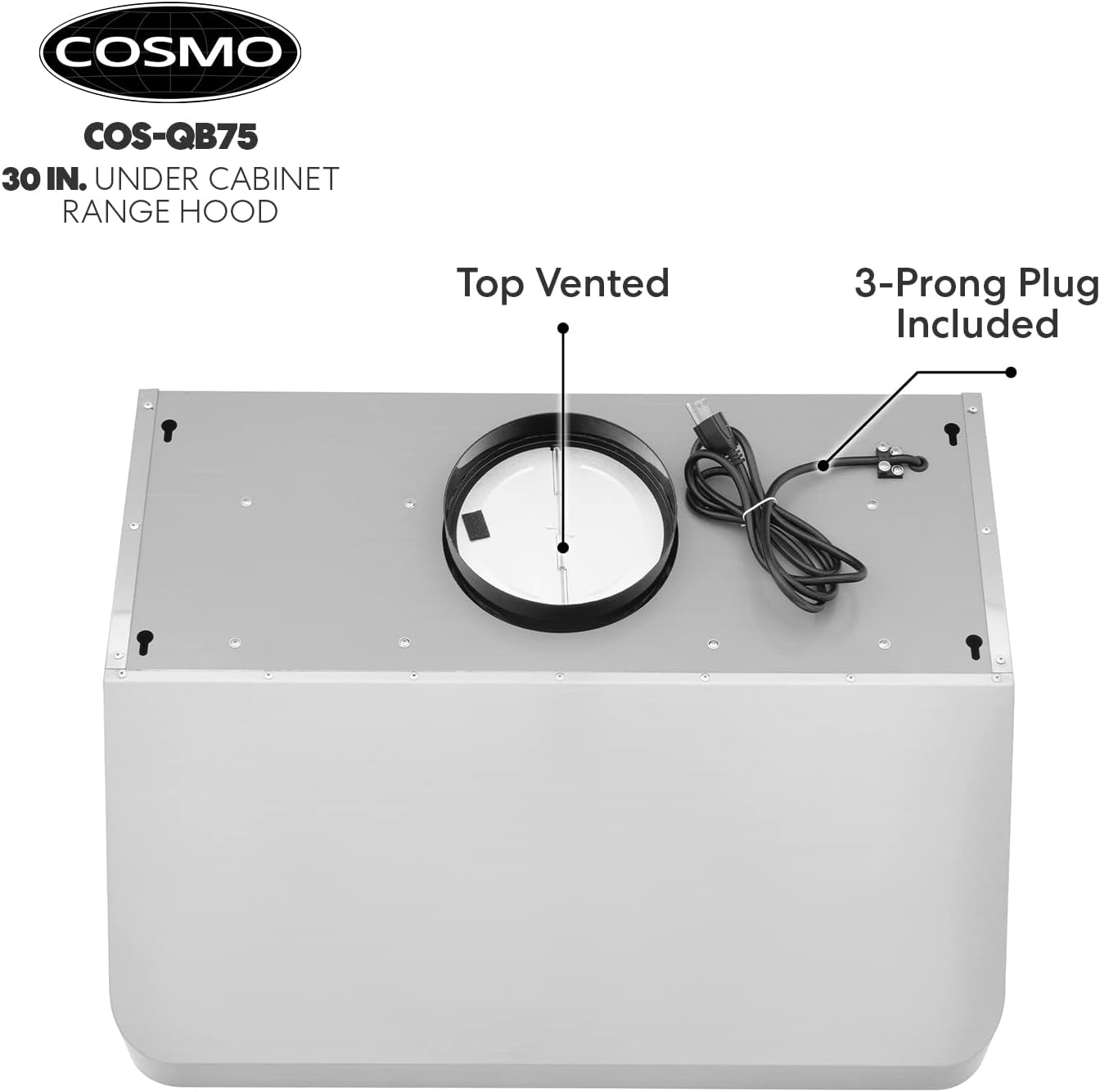 COSMO COS-QB75 Under Cabinet 30 in. Range Hood with Push Button Controls, Permanent Filters, LED Lights, Convertible from Ducted to Ductless (Kit Not Included) in Stainless Steel (30 inch) - Retail $296