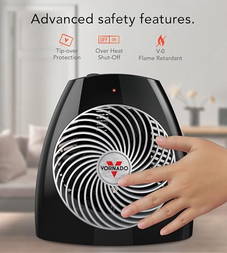 Vornado MVH Space Heater 3 Heat Settings Adjustable Thermostat Tip-Over Protection Auto Safety Shut-Off System Indoor Use Whole Room Black