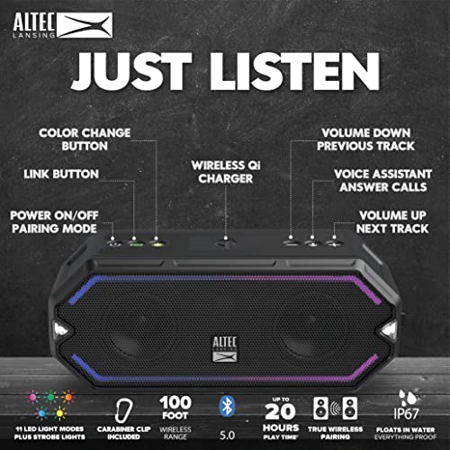 Altec Lansing - HydraBlast Wireless Portable Bluetooth Speaker, IP67 Waterproof for Parties, USB C Rechargeable Outdoor Speakers with Built in Phone Charger and LED Lights, 20 Hour Playtime