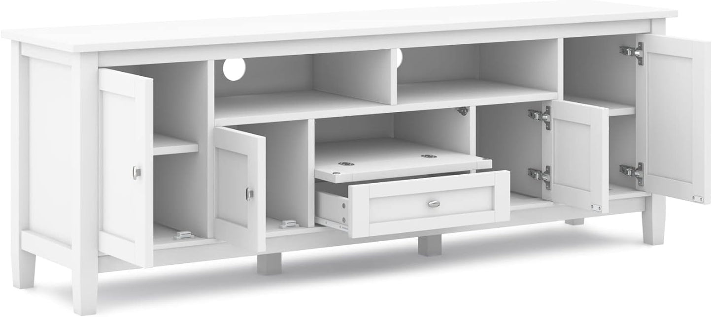 NEW - SIMPLIHOME Warm Shaker SOLID WOOD Universal TV Media Stand, 72 inch Wide, Farmhouse Rustic, Living Room Entertainment Center, Storage Shelves and Cabinets, for Flat Screen TVs up to 80 inches in White - Retail $539