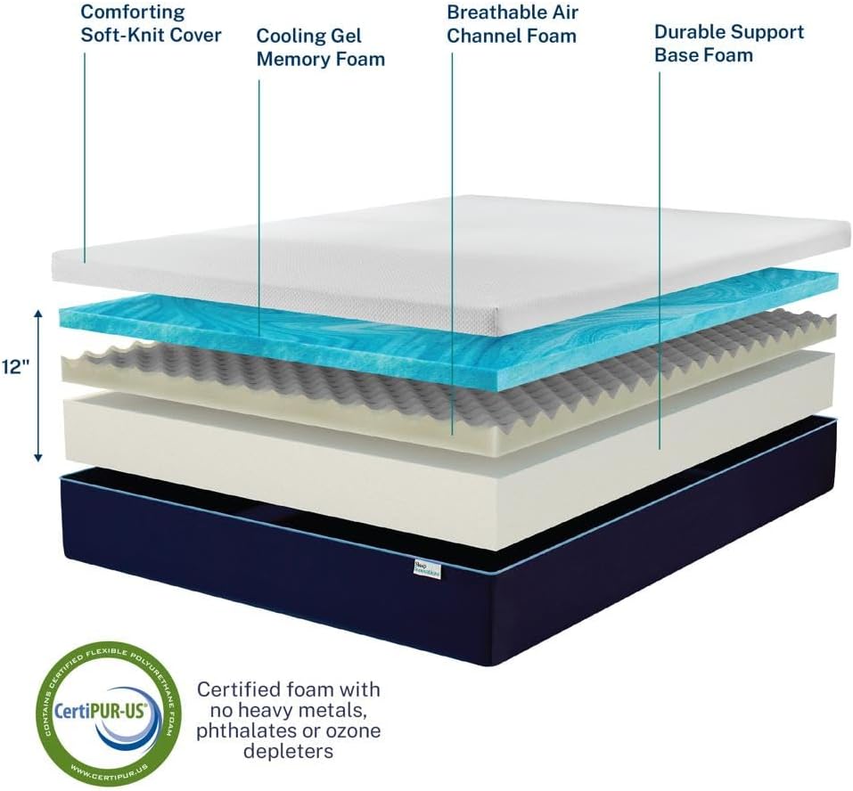 NEW - Sleep Innovations QUEEN Marley 12 Inch Cooling Gel Memory Foam Mattress, Queen Size, Bed in a Box, Medium Firm Support - Retail $389