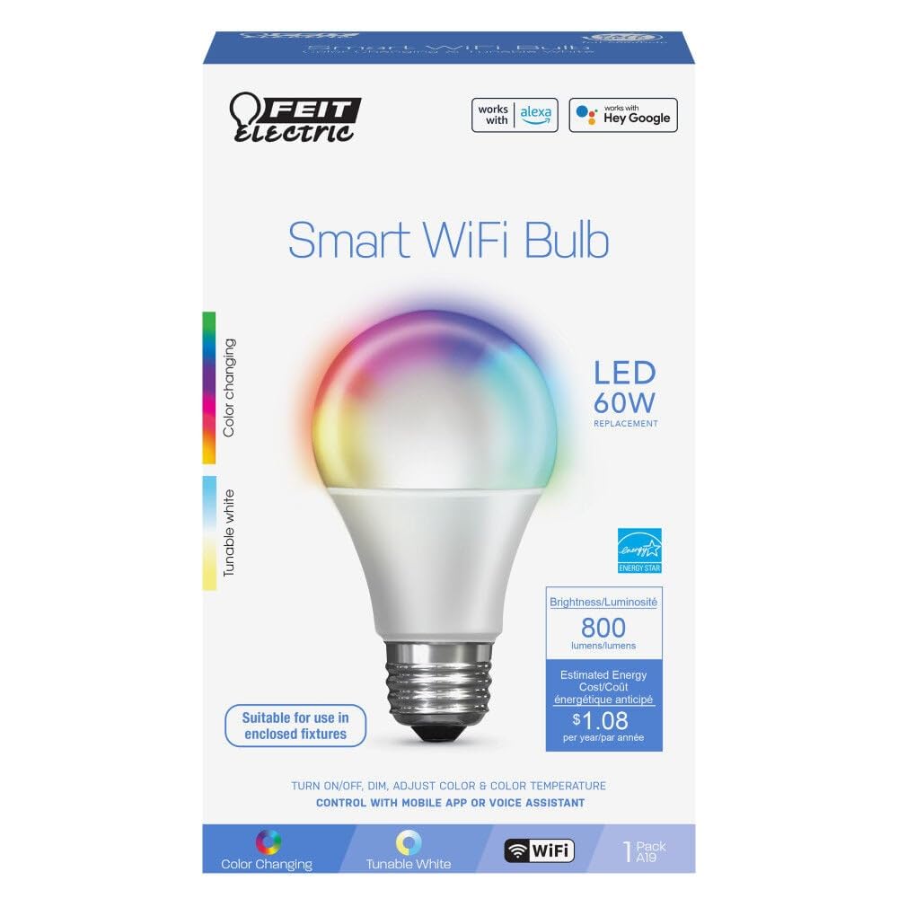 Feit Electric OM60/RGBW/CA/AG Smart WiFi Color Changing and Dimmable, Alexa or Google Assistant, No Hub Required A19 LED Light Bulb, 60W