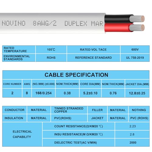 8 Gauge Marine Wire,8/2 Duplex Marine Grade Cable,100FT 8 AWG Wire