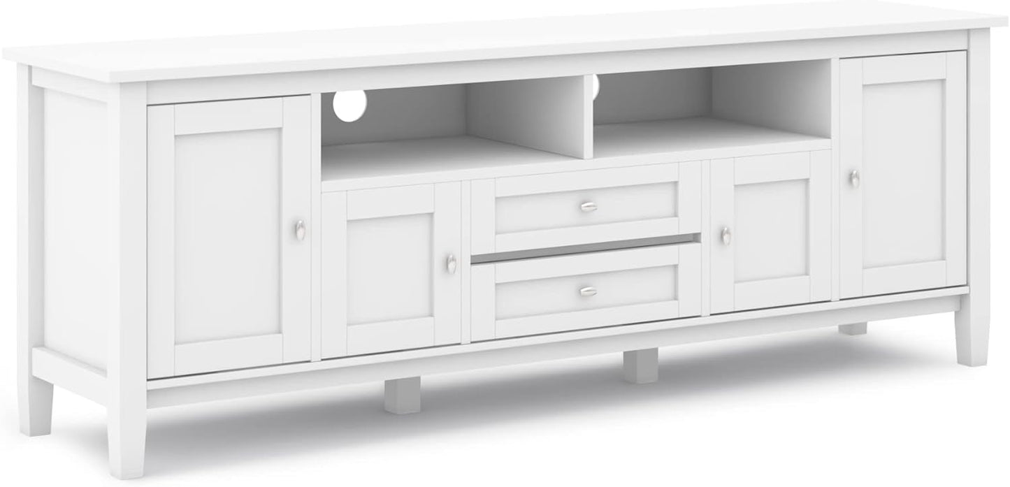 NEW - SIMPLIHOME Warm Shaker SOLID WOOD Universal TV Media Stand, 72 inch Wide, Farmhouse Rustic, Living Room Entertainment Center, Storage Shelves and Cabinets, for Flat Screen TVs up to 80 inches in White - Retail $539