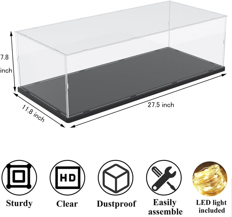DuvinDD Acrylic Display Case for Lego Car Mercedes F1 42171, McLaren F1 42141, Clear Large Display Box 1/8 Scale Model Car Dustproof for Collectibles with Black Base(27.5x11.8x7.8 inch)