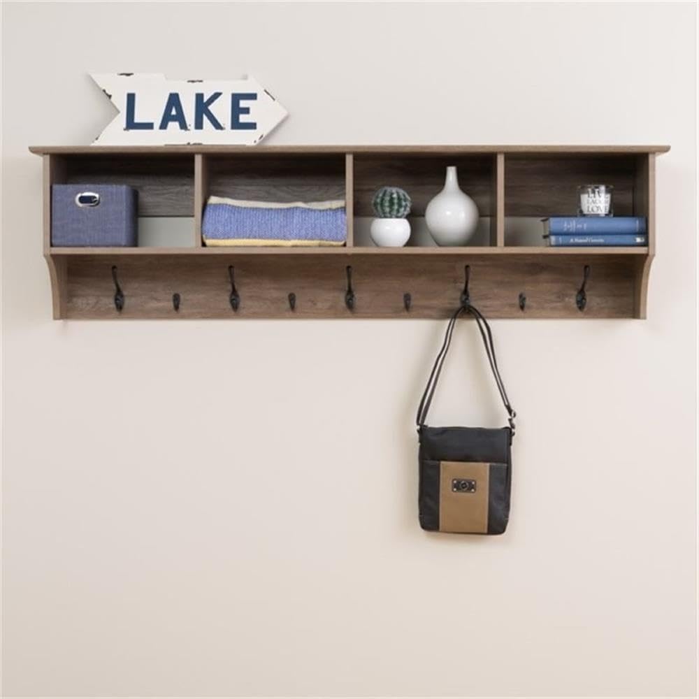 NEW - Prepac Drifted Gray 60" Contemporary Wall Mounted Coat Rack, Coat Hooks Wall Mount with 4 Shelves, Ideal for Hallway or Entryway Storage Solution, 11.5"D x 60"W x 16.5"H - Retail $99