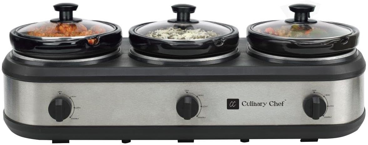 CULINARY CHEF, Triple Slow Cooker, Buffet Server 3 Pot, Food Warmer - Stainless