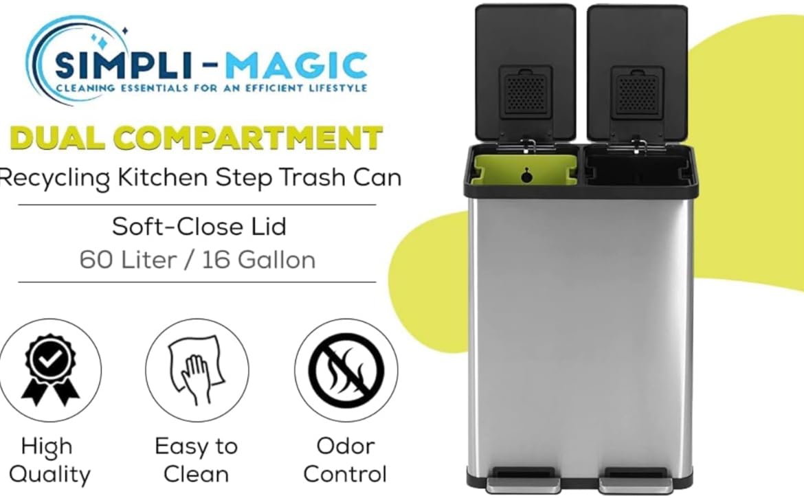 Simpli-Magic 60 Liter / 16 Gallon Rectangular Hands-Free Dual Compartment Recycling Kitchen Step Trash Can with Soft-Close Lid, Brushed Stainless Steel (38L x 22L Capacity)