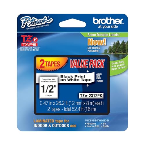 Brother Genuine P-Touch, TZe-231 2 Pack Tape (TZE2312PK) ½”(0.47”) x 26.2 ft. (8m) Laminated P-Touch Tape, Black on White (Pack of 2)