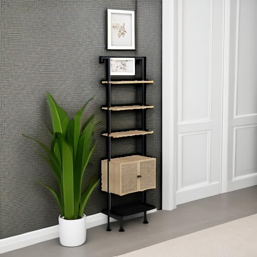 Nathan James Theo Ladder 3 tier Open Bookshelf with Rattan Drawers and Matte Steel Frame, Light Oak/Black