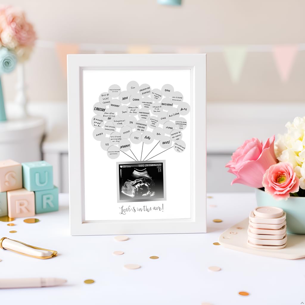 Pearhead Baby Shower Signature Guest Book & Sonogram Keepsake Picture Frame with 50 Balloon Stickers, Alternative Guestbook Idea, 5” x 4” Photo Insert, White