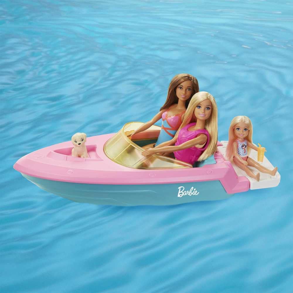 Barbie Doll & Toy Boat Playset with Pet Puppy, Life Vest & Beverage Accessories, Fits 3 Dolls & Floats in Water