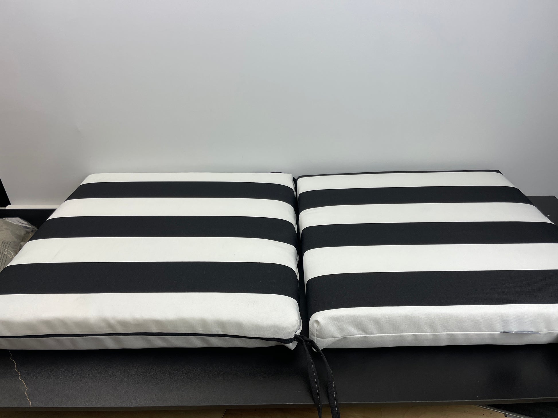 Pillow Perfect Stripe Indoor/Outdoor Square Corner Chair Seat Cushion with Ties, Plush Fiber Fill, Weather, and Fade Resistant, 20" x 20", Black/White Cabana Stripe, 2 Count - Retail $94