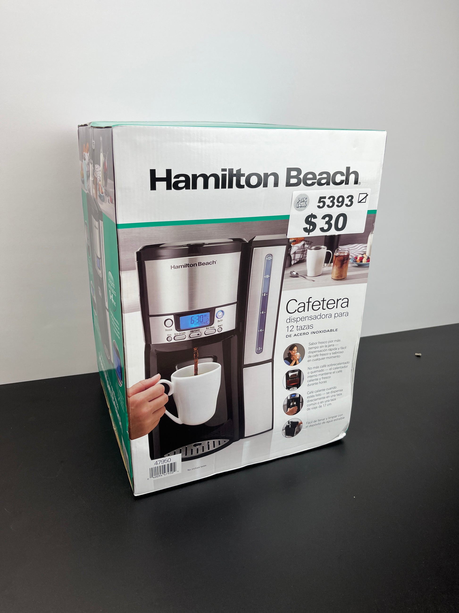 Hamilton Beach One Press Programmable Dispensing Drip Coffee Maker with 12 Cup Internal Brew Pot, Water Reservoir, Black and Silver (47950) - Retail $62