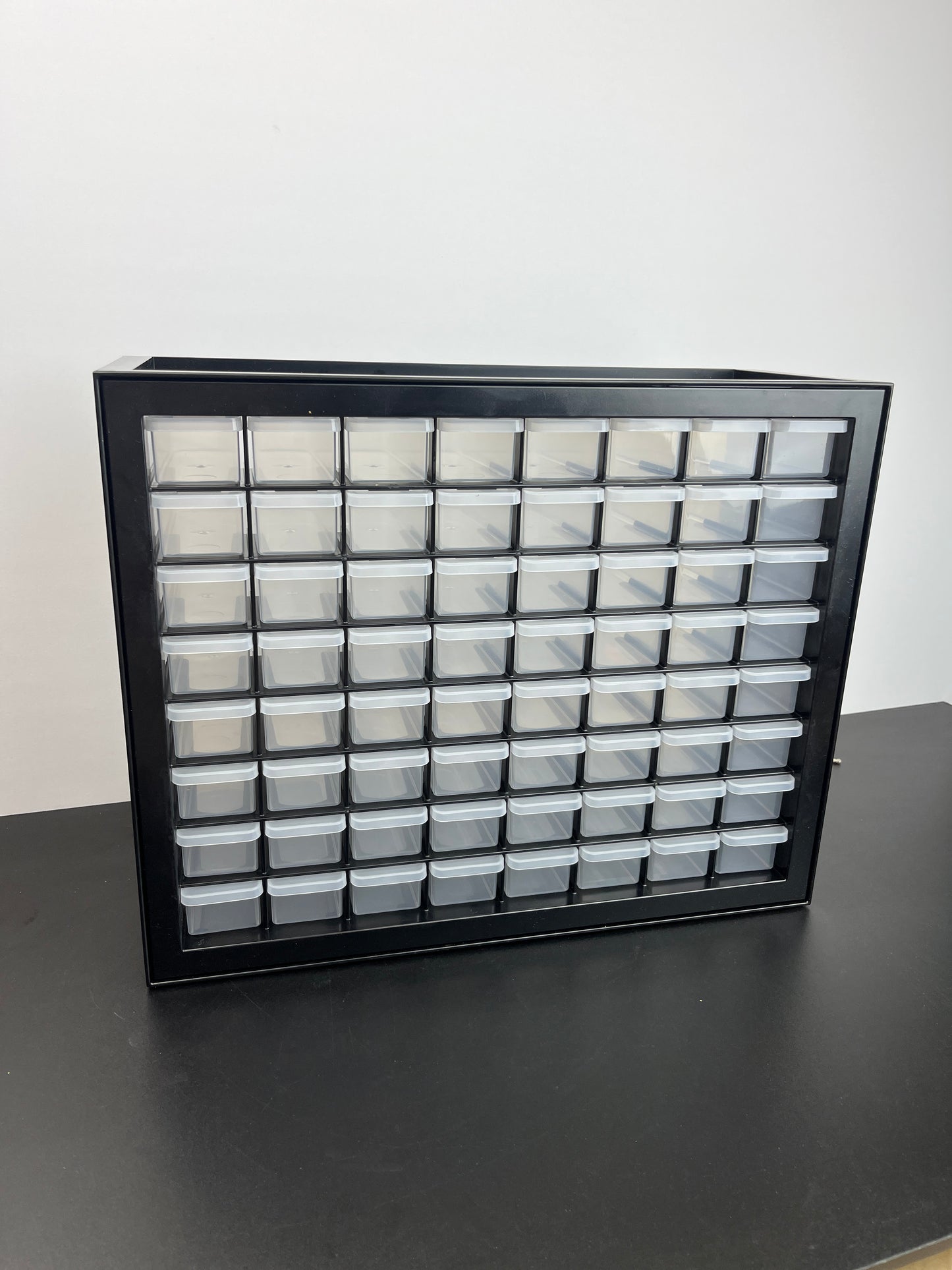 IRIS USA 64 Drawer Stackable Storage Cabinet for Hardware Parts Crafts, 19.5-Inch W x 7-Inch D x 15.5-Inch H, Black - Small Brick Organizer Utility Chest, Scrapbook Hobby Multiple Compartment - Retail $49