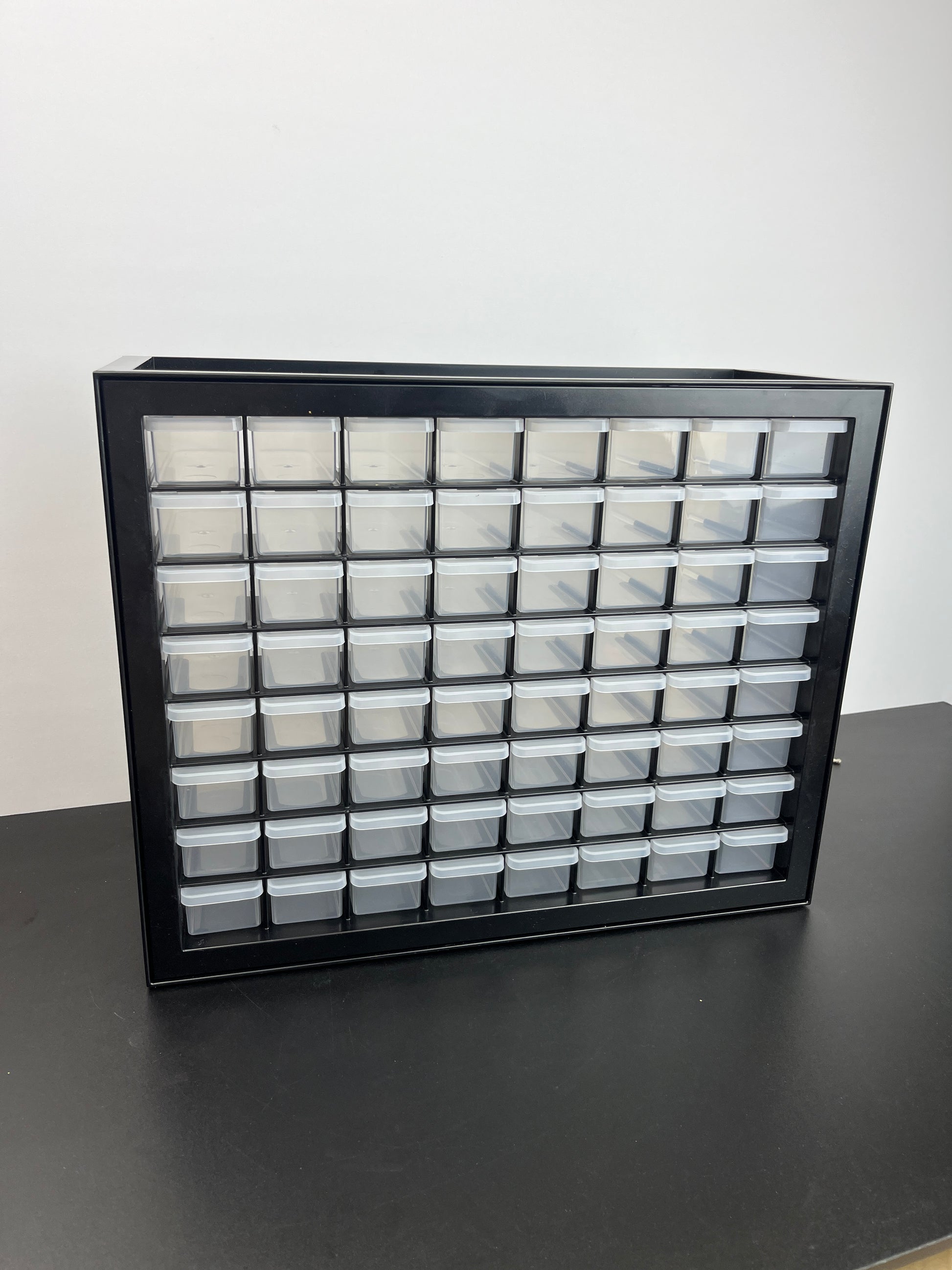 IRIS USA 64 Drawer Stackable Storage Cabinet for Hardware Parts Crafts, 19.5-Inch W x 7-Inch D x 15.5-Inch H, Black - Small Brick Organizer Utility Chest, Scrapbook Hobby Multiple Compartment - Retail $49