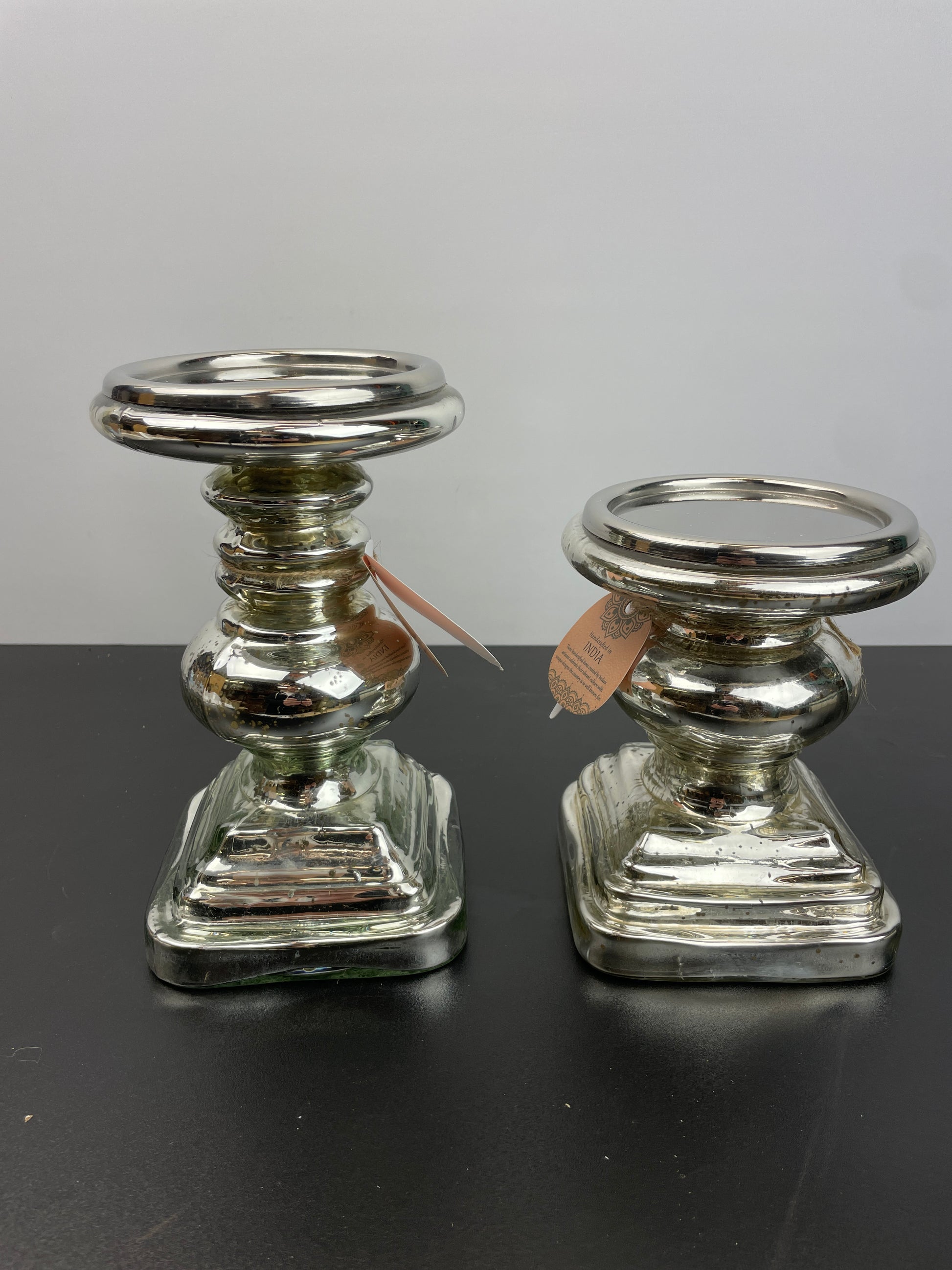 Deco 79 Glass Handmade Turned Style Pillar Candle Holder with Faux Mercury Glass Finish, Set of 2 9", 7"H, Silver - Retail $29