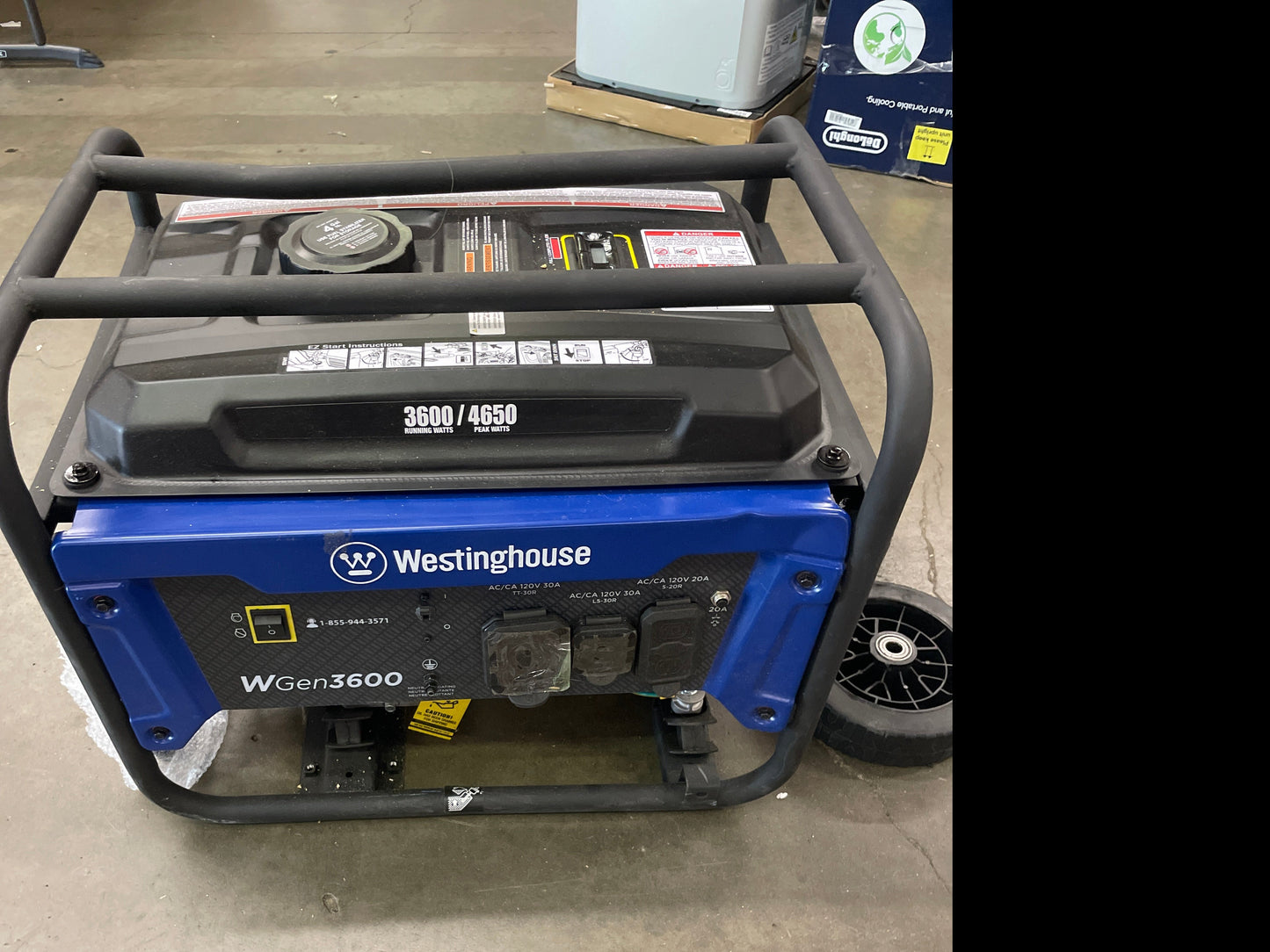 Westinghouse WGen3600 Portable Generator, 4650 Peak Watts & 3600 Rated Watts, RV Ready 30A Outlet, Wheel & Handle Kit, Gas Powered - Retail $469