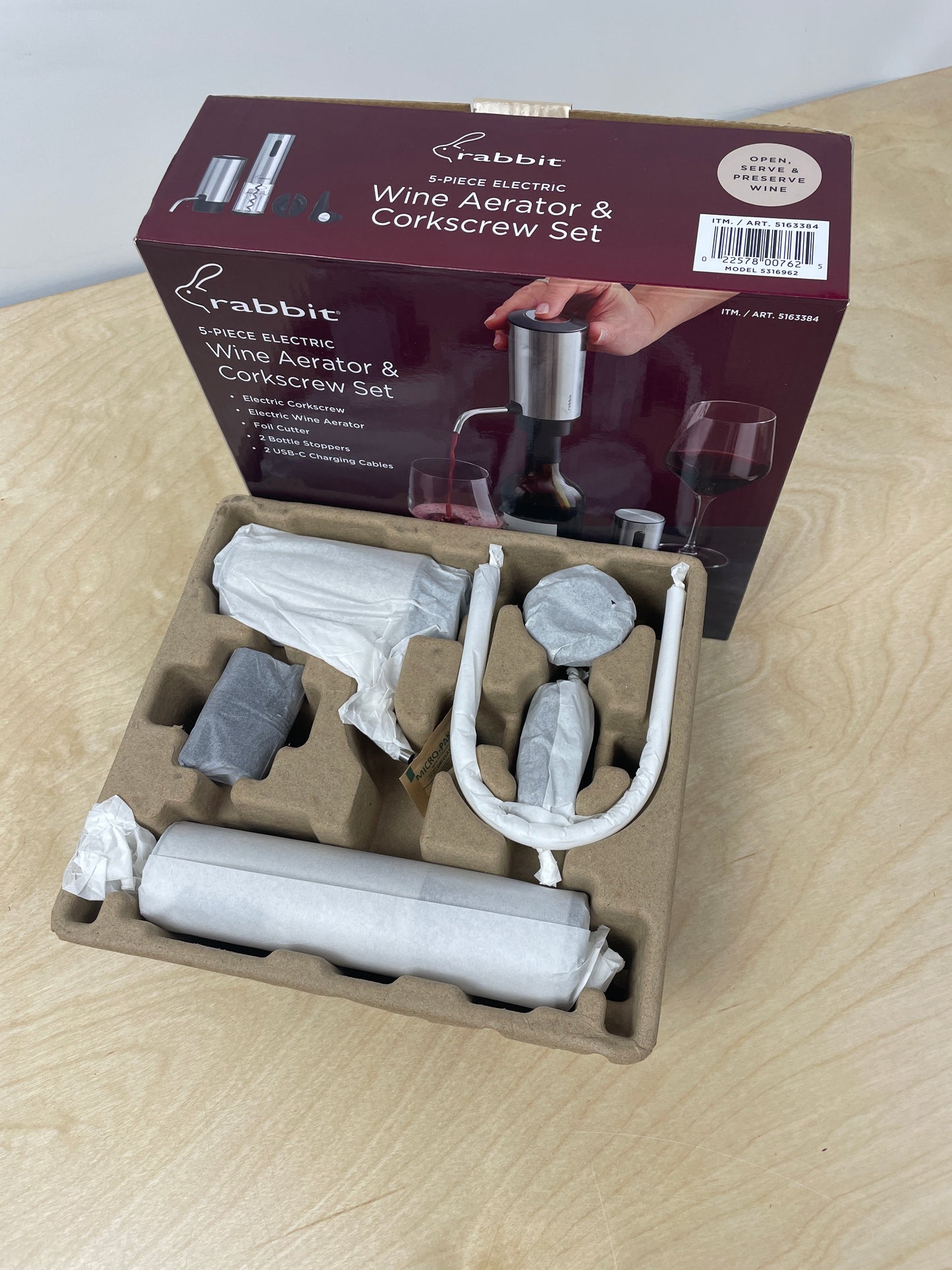 Rabbit Electric Wine Tool Set - 5-Piece Wine Accessory Collection - Aerator, Corkscrew, Cutter, Stoppers, Charging Cables - Retail $39