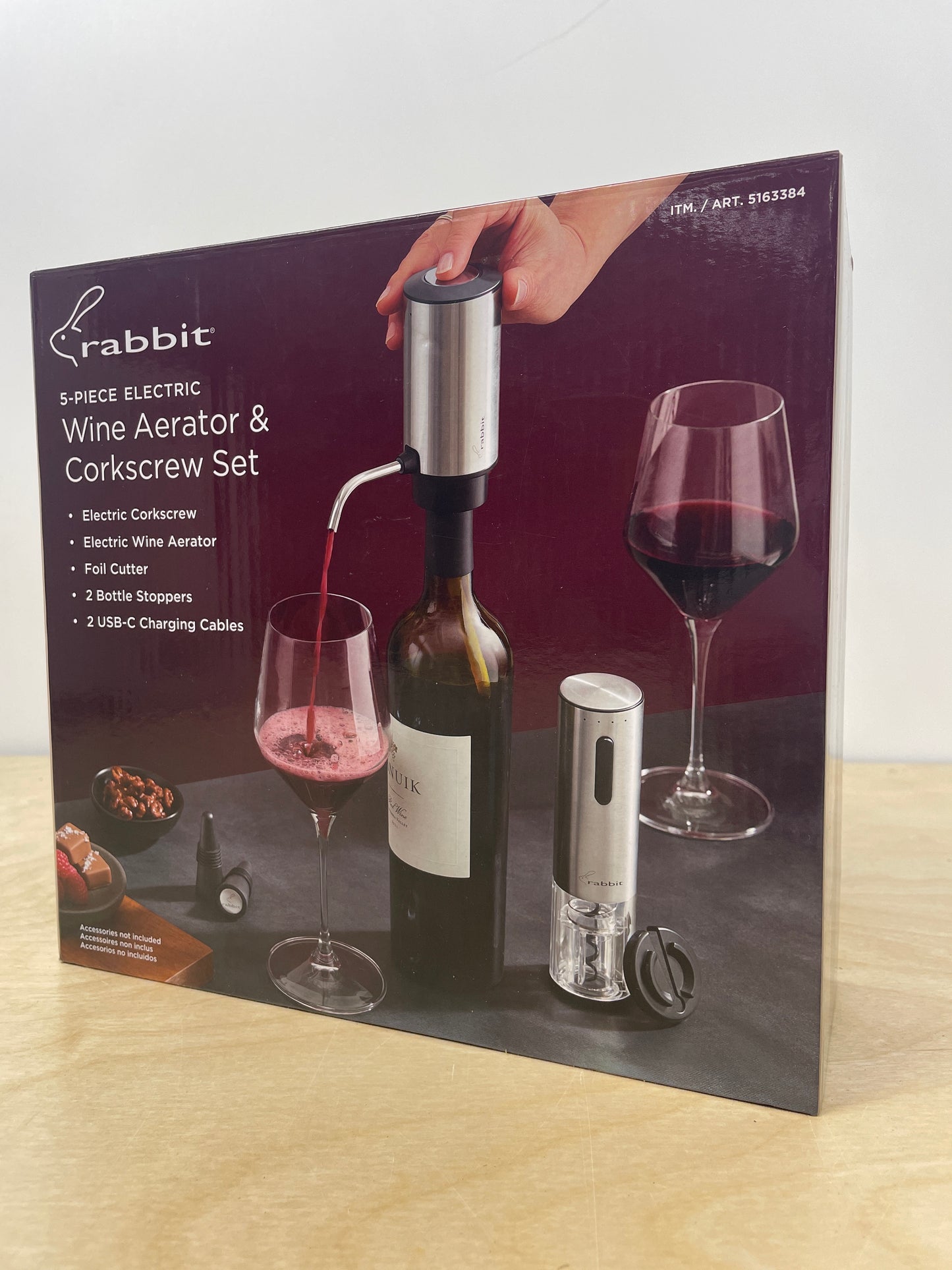 Rabbit Electric Wine Tool Set - 5-Piece Wine Accessory Collection - Aerator, Corkscrew, Cutter, Stoppers, Charging Cables - Retail $39