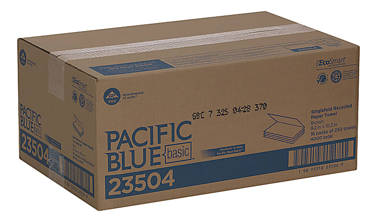 Pacific Blue Basic® 23504 by GP PRO, 1-Ply, S-Fold Paper Towels, 9.25" X 9.9", 100% Recycled, Brown, 250 Sheets per Pack, 16 Packs Per Case
