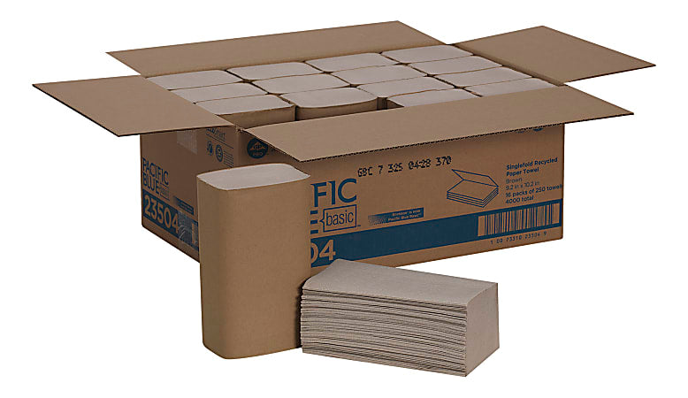 Pacific Blue Basic® 23504 by GP PRO, 1-Ply, S-Fold Paper Towels, 9.25" X 9.9", 100% Recycled, Brown, 250 Sheets per Pack, 16 Packs Per Case