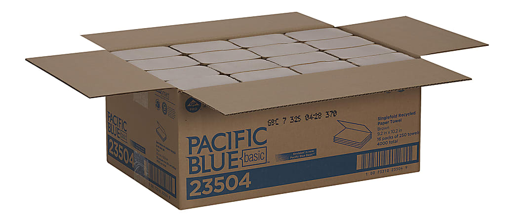 Pacific Blue Basic® 23504 by GP PRO, 1-Ply, S-Fold Paper Towels, 9.25" X 9.9", 100% Recycled, Brown, 250 Sheets per Pack, 16 Packs Per Case