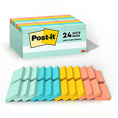 Post-it® Notes, 1 3/8 in x 1 7/8 in, 24 Pads, 100 Sheets/Pad, Clean Removal, Back to School Supplies for Students, Beachside Café Collection