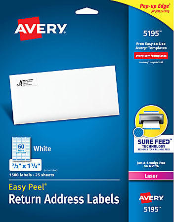 Avery® Easy Peel® Address Labels With Sure Feed® Technology, 5195, Rectangle, 2/3" x 1-3/4", Matte White, Pack Of 1,500 - Retail $21