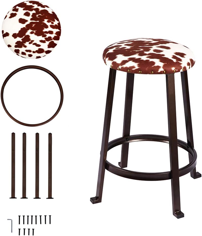 NEW - GIA 24-Inch Counter Height Round Metal Bar Stools with Shorthorn Cowhide Print Linen Upholstery, Bronze, Set of 2 - Retail $93