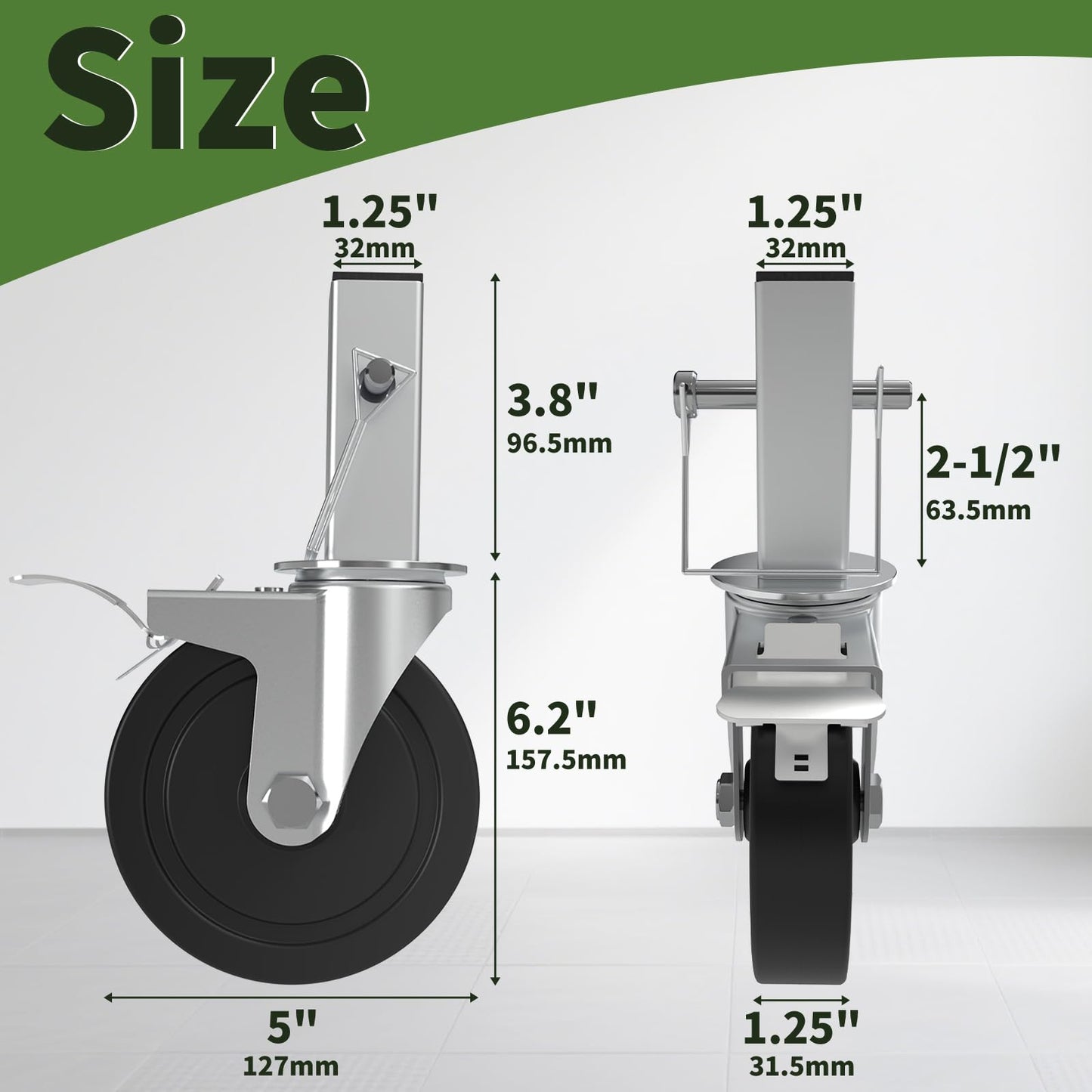 5 Inch Scaffolding Wheels, Baker Scaffold Wheels Set of 4 with Dual Locking Brakes, Scaffolding Casters 1-1/4" Square Stem Scaffolding Accessories, 440LBS Capacity per Wheel
