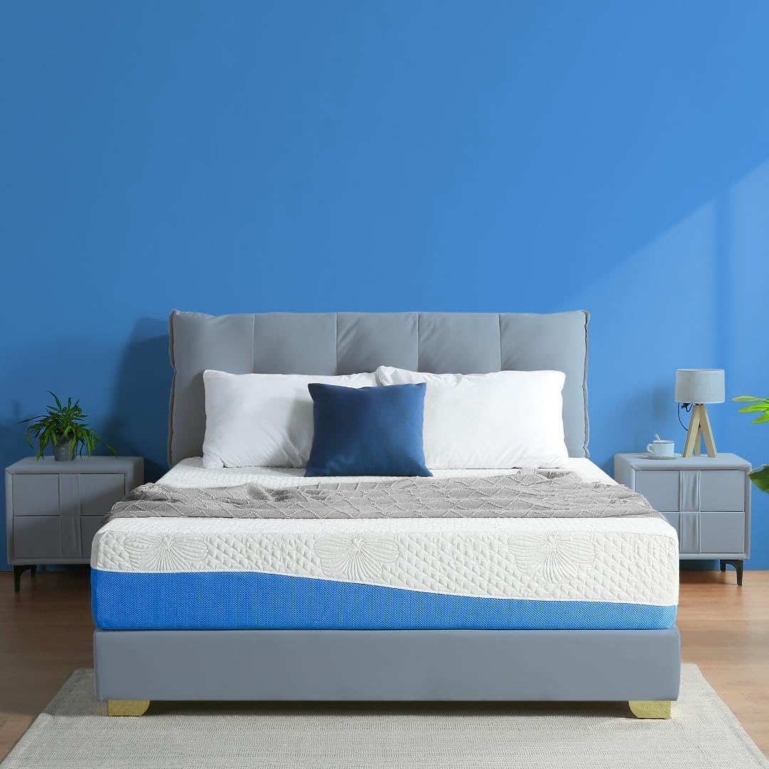 NEW - Olee Sleep Queen Mattress, 10 Inch Gel Memory Foam Mattress, Gel Infused for Comfort and Pressure Relief, CertiPUR-US Certified, Bed-in-a-Box, Medium Firm, Blue, Queen Size - Retail $331