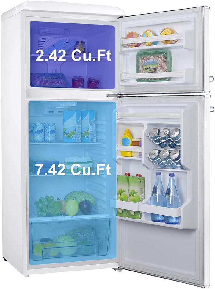 NEW - Galanz GLR10TWEEFR Retro Refrigerator with Top Freezer Frost Free, Dual Door Fridge, Adjustable Electrical Thermostat Control, 10 cu ft, White - Retail $796