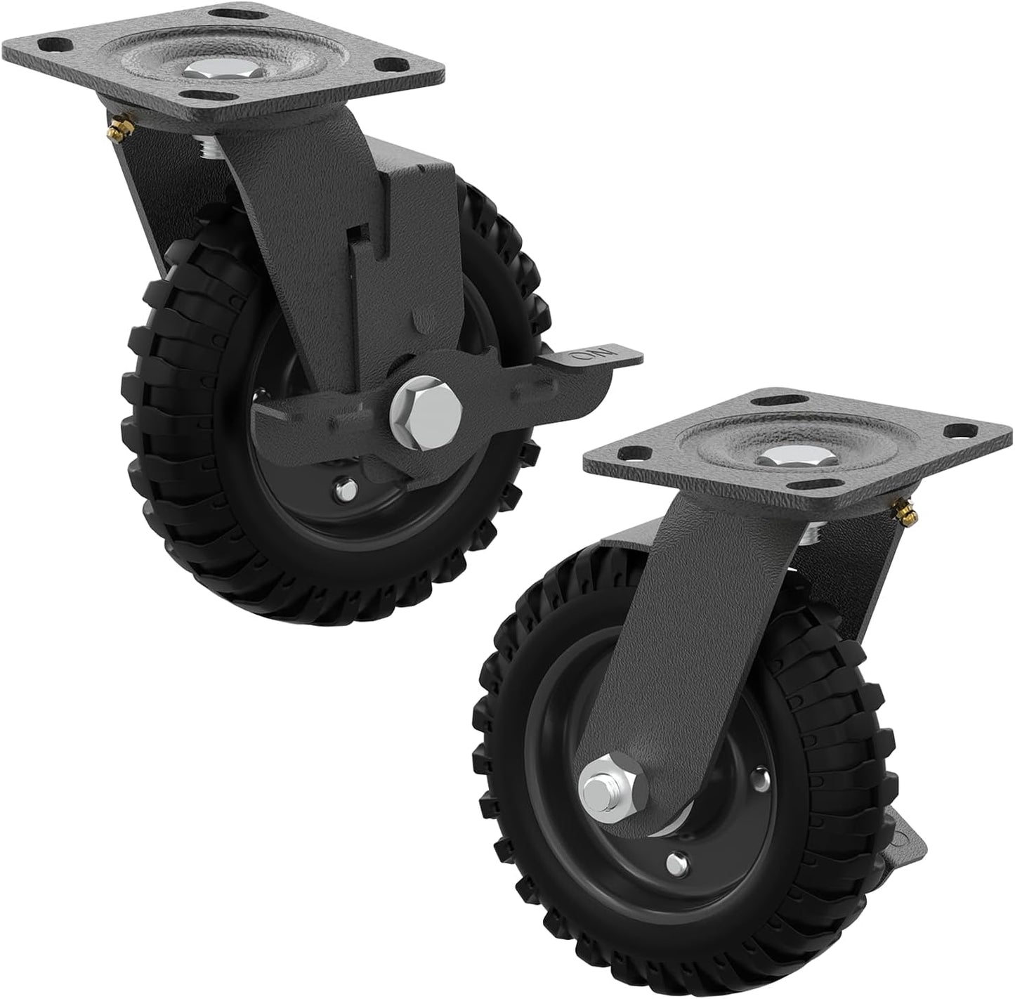 Heavy Duty Caster Wheel 8 Inch,Plate Caster Swivel 2 Pack 700lb Capacity,Solid Rubber,Cast Iron,Brake Casters for Flat Carts,Workbench,Dolly,Trolley