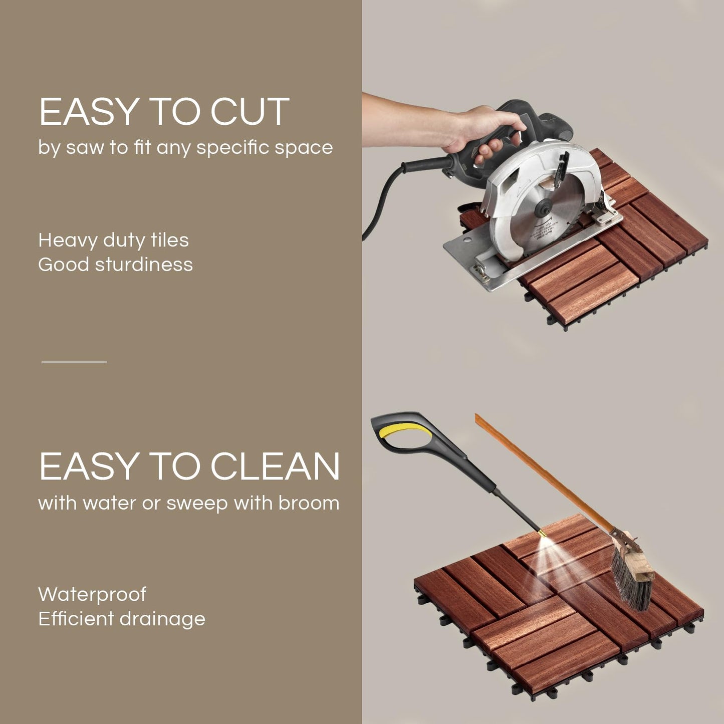 Set 10 Premium Deck Tiles, Interlocking Deck Tile, Wooden Patio Flooring Outdoor Waterproof, Acacia Wood Decking All Weather for Balcony Indoor and Outdoor Use (Dark Brown, Round Joints)